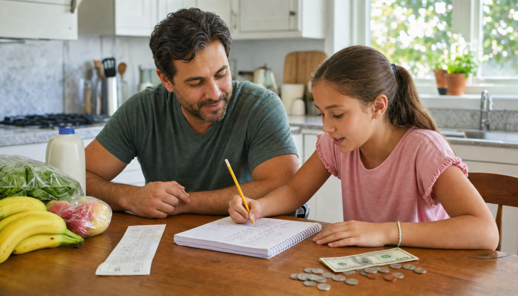 Father helping daughter solve math word problems using grocery costs